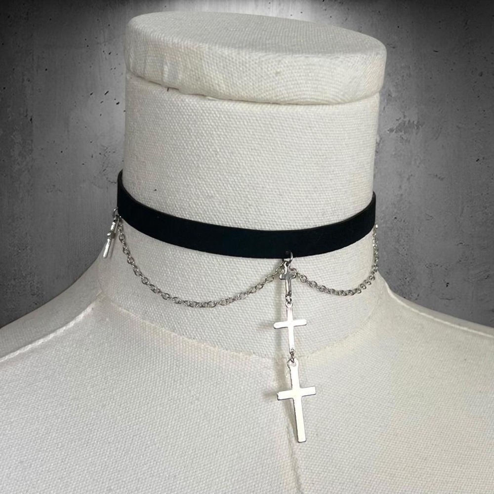Black Velvet Silver Iron Chain Multi Cross Choker Necklace